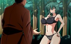 Rule 34 | 1girl, amazon (taitaitaira), bare arms, bare legs, bare shoulders, black bra, black panties, blush, bra, breasts, cleavage, forest, green hair, highres, kazami yuuka, large breasts, legs, looking at another, nature, navel, open mouth, outdoors, panties, red eyes, short hair, smile, standing, thighs, tongue, tongue out, touhou, tree, underwear, wide sleeves