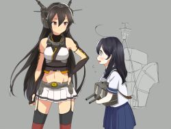 Rule 34 | 10s, 2girls, :3, ahoge, antennae, arm guards, backpack, bag, bare shoulders, breasts, cannon, carrying, cleavage, flying sweatdrops, from side, garter straps, ginta (tourabu), grey background, hand on own hip, headgear, kantai collection, long hair, machinery, midriff, multiple girls, nagato (kancolle), navel, pleated skirt, profile, robot, school uniform, serafuku, shirt, simple background, skirt, smile, smiley face, standing, stomach, thigh strap, turret, underbust, ushio (kancolle), white shirt, white skirt