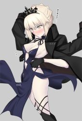 Rule 34 | 1girl, artoria pendragon (alter swimsuit rider) (fate), artoria pendragon (alter swimsuit rider) (third ascension) (fate), artoria pendragon (fate), black dress, black gloves, black jacket, black legwear, blonde hair, blush, braid, breasts, cleavage, closed mouth, collarbone, dress, fate/grand order, fate (series), french braid, gloves, grey background, highres, jacket, long hair, looking at viewer, navel, open clothes, open jacket, pale skin, simple background, small breasts, solo, thighs, tiara, yellow eyes, yoshiki360
