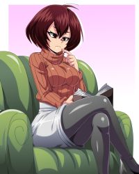 Rule 34 | 10s, 1girl, alternate costume, boku no hero academia, book, breasts, brown hair, casual, couch, crossed legs, highres, lewdamone, mandalay (boku no hero academia), on couch, pantyhose, reading, short hair, sitting, sweater
