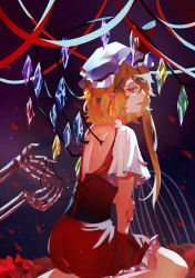 Rule 34 | 1girl, absurdres, adapted costume, back cutout, blonde hair, blurry, cage, clothing cutout, corset, crystal, dark background, depth of field, dress, eyebrows hidden by hair, falling petals, fang, feet out of frame, fingernails, flandre scarlet, hair between eyes, half-closed eyes, hat, highres, long fingernails, looking at viewer, looking to the side, mob cap, nail polish, naufaldreamer, one side up, parted lips, petals, petticoat, pointy ears, profile, red dress, red eyes, red nails, rose petals, sharp fingernails, shirt, short hair, short sleeves, sitting, skeletal arm, solo, touhou, wariza, white hat, white shirt, wings