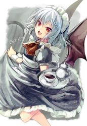 Rule 34 | 1girl, alternate costume, apron, ascot, bat wings, black wings, blue hair, brooch, commentary request, cup, dated, enmaided, fang, hair between eyes, holding, jewelry, leg up, looking at viewer, maid, maid apron, maid headdress, open mouth, puffy short sleeves, puffy sleeves, red ascot, red eyes, remilia scarlet, saucer, short hair, short sleeves, skirt hold, smile, solo, tea, teacup, teapot, touhou, tray, wings, yuki (popopo)
