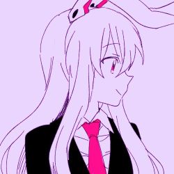 Rule 34 | 1girl, 6 (yuchae), animal ears, rabbit ears, female focus, limited palette, long hair, looking to the side, lowres, monochrome, necktie, red eyes, reisen udongein inaba, simple background, smile, solo, spot color, touhou, upper body