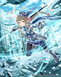 Rule 34 | 1girl, armor, armored boots, bird, boots, braid, brown hair, calling jewel knight christine, cardfight!! vanguard, cloud, company name, curly hair, electricity, flower, gloves, hair flower, hair ornament, hat, long hair, official art, open mouth, pointy ears, sky, solo, sword, tadokoro teppei, teeth, weapon, yellow eyes