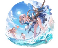 Rule 34 | 1boy, 2girls, bare shoulders, beach, belt pouch, bikini, bikini skirt, bikini top only, black hair, blue eyes, blue sky, breasts, brown hair, cleavage, cloud, cloudy sky, collarbone, day, detached sleeves, earrings, farrah (granblue fantasy), flipped hair, granblue fantasy, holding, jacket, jewelry, juri (granblue fantasy), katalina (granblue fantasy), long hair, long sleeves, medium breasts, minaba hideo, multiple girls, off shoulder, official art, one eye closed, open clothes, open jacket, open mouth, outdoors, pouch, short hair, silver hair, sky, smile, sun, sunlight, swimsuit, sword, transparent background, wading, water, water drop, weapon, white bikini