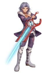 Rule 34 | 1boy, alvis (xenoblade), blue hair, boots, brown hair, choker, energy sword, fur trim, gonzarez, highres, holding, holding sword, holding weapon, jewelry, looking at viewer, male focus, monado, nintendo, pants, pendant, reverse grip, silver hair, simple background, smile, solo, spoilers, sword, weapon, white background, xenoblade chronicles (series), xenoblade chronicles 1, xenoblade chronicles (series)