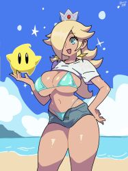 Rule 34 | 1girl, aqua bikini, beach, bikini, blonde hair, blue eyes, breasts, clothes lift, crown, earrings, fruithead, hair over one eye, hand on own hip, highres, jewelry, large breasts, long hair, luma (mario), mario (series), mini crown, nintendo, open fly, rosalina, shirt, shirt lift, short shorts, shorts, skindentation, star (symbol), star earrings, string bikini, swimsuit, tan, white shirt