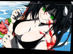 Rule 34 | 1girl, alternate hairstyle, beach, bikini, black bikini, black hair, breasts, cleavage, esu (transc), food, fruit, green eyes, highres, large breasts, looking at viewer, neo politan, ocean, recording, rwby, shaded face, smile, solo, swimsuit, twintails, water, watermelon, weapon