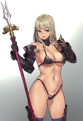 Rule 34 | &gt;:d, 1girl, :d, armor, bare shoulders, bikini, bikini armor, black footwear, blonde hair, boots, breasts, cleavage, collarbone, cowboy shot, detached collar, eyebrows, gauntlets, grey background, groin, holding, holding weapon, houtengeki, large breasts, legs apart, looking at viewer, micro bikini, navel, open mouth, polearm, purple eyes, purple thighhighs, revealing clothes, round teeth, sidelocks, simple background, smile, solo, spear, spread fingers, standing, stomach, swimsuit, teeth, thick eyebrows, thigh boots, thighhighs, thighs, thong bikini, tsurime, v-shaped eyebrows, weapon
