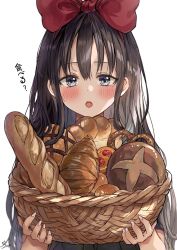 Rule 34 | 1girl, :o, baguette, basket, black hair, blush, bow, bread, closed mouth, commentary request, croissant, english text, food, grey eyes, hair bow, highres, holding, holding basket, kiki (majo no takkyuubin), long hair, looking at viewer, majo no takkyuubin, open mouth, pretzel, red bow, saya (mychristian2), signature, simple background, solo, translation request, upper body, white background