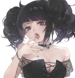 Rule 34 | 1girl, bare shoulders, black choker, bracelet, breasts, choker, cleavage, diagonal bangs, goth fashion, gothic, hand to own mouth, heart, heart choker, highres, idolmaster, idolmaster shiny colors, jewelry, locket, looking at viewer, madaragi, medium breasts, nail polish, open mouth, pendant, purple eyes, purple hair, purple nails, short sleeves, short twintails, simple background, solo, strapless, tanaka mamimi, teeth, tongue, twintails, upper body, upper teeth only, white background