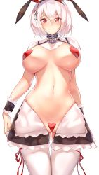 Rule 34 | 1girl, absurdres, adapted costume, anchor choker, animal ears, apron, azur lane, black shorts, blush, breasts, breasts apart, choker, cleavage, collarbone, commentary request, covered erect nipples, cowboy shot, crotchless, fake animal ears, frilled apron, frilled choker, frills, hair between eyes, heart, heart pasties, highres, large breasts, leg ribbon, looking at viewer, maebari, meme attire, navel, pasties, rabbit ears, red eyes, revealing clothes, reverse bunnysuit, reverse outfit, revision, ribbon, ruwoka, scrunchie, short hair, shorts, shrug (clothing), sidelocks, simple background, sirius (azur lane), smile, solo, standing, stomach, thigh ribbon, thighhighs, white background, white hair, white scrunchie, white thighhighs, wrist scrunchie