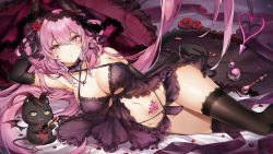 Rule 34 | 1girl, :o, arm rest, bed sheet, black gloves, black thighhighs, blush, breasts, cat, choker, cleavage, demon girl, demon horns, demon tail, elbow gloves, flower, frilled choker, frills, gloves, highres, horns, indie virtual youtuber, large breasts, lingerie, lipstick, long hair, looking at viewer, lying, makeup, navel, on side, open mouth, petals, pillow, pink eyes, pink hair, pubic tattoo, rose, solo, tail, tattoo, thighhighs, underwear, very long hair, virtual youtuber, yukineko1018