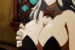 Rule 34 | animal ears, animated, animated gif, blush, bow, bowtie, grabbing another&#039;s breast, breasts, cleavage, demonion, detached collar, fake animal ears, grabbing, green eyes, grey hair, groping, huge breasts, large breasts, playboy bunny, rabbit ears, vanessa cromwell