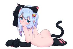 Rule 34 | 1girl, anal tail, animal ears, animal hands, ass, back, blue eyes, bouen, bow, butt plug, cat ears, cat paws, cat tail, eromanga sensei, fake animal ears, fake tail, hair bow, highres, izumi sagiri, long hair, looking back, low-tied long hair, nude, paw shoes, pink bow, sex toy, silver hair, solo, tail, white background