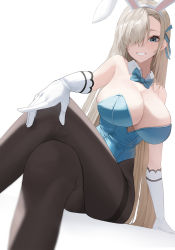 Rule 34 | 1girl, animal ears, arm support, asuna (blue archive), asuna (bunny) (blue archive), bare shoulders, blue archive, blue eyes, blue leotard, blue ribbon, breasts, brown pantyhose, cleavage, detached collar, dutch angle, elbow gloves, fake animal ears, from below, gloves, grin, hair over one eye, hair ribbon, highres, large breasts, leotard, light brown hair, long hair, looking at viewer, michelan, mole, mole on breast, official alternate costume, one eye covered, pantyhose, playboy bunny, ribbon, sidelocks, simple background, sitting, smile, solo, strapless, strapless leotard, thighband pantyhose, very long hair, white background, white gloves
