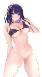 Rule 34 | 1girl, bad id, bad pixiv id, bikini, bikini pull, bikini top only, black bikini, bottomless, braid, breasts, cleavage, cleft of venus, closed mouth, clothes pull, collarbone, covered erect nipples, flower, genshin impact, hair flower, hair ornament, highres, large breasts, long hair, looking at viewer, low-braided long hair, low-tied long hair, mole, mole under eye, nail polish, navel, niduannowu, pulled by self, purple eyes, purple flower, purple hair, purple nails, pussy, pussy juice, raiden shogun, simple background, solo, swimsuit, wet, white background