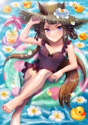 Rule 34 | 1girl, alternate costume, animal ears, breasts, collarbone, crossed legs, drink, fingernails, hair ornament, hair rings, hat, highres, horse ears, horse girl, horse tail, innertube, looking at viewer, otono (bkt4b), purple eyes, rubber duck, small breasts, smile, solo, straw hat, sweep tosho (monopolizing the chill?) (umamusume), sweep tosho (umamusume), swim ring, swimsuit, tail, twintails, umamusume, water