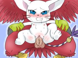 Rule 34 | artist request, bandai namco, blue eyes, censored, digimon, digimon (creature), furry, grin, no humans, penis, pussy, sex, smile, tailmon, tears, tongue
