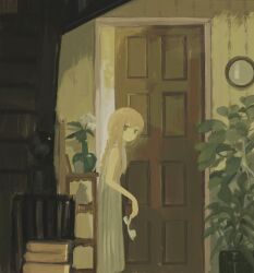 Rule 34 | 1girl, braid, braided ponytail, chair, chisato charme, closed mouth, door, dress, feet out of frame, flower, from side, grey dress, grey eyes, highres, holding sandals, indoors, long hair, looking at viewer, looking to the side, original, plant, pleated dress, potted plant, sandals, sidelocks, sleeveless, sleeveless dress, solo, stairs, standing, turtleneck, turtleneck dress, unworn sandals, vase, white flower, wide shot