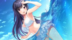 Rule 34 | 1girl, air bubble, akebi saki, amaemi-longing for you-, arm up, bikini, bikini skirt, black hair, blush, breasts, bubble, day, game cg, hair ornament, hairclip, highres, large breasts, long hair, navel, official art, open mouth, oryo (oryo04), outdoors, partially submerged, partially underwater shot, photoshop (medium), purple eyes, solo, swimsuit, underwater, wading, water, white bikini
