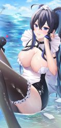 Rule 34 | absurdres, ahoge, belt collar, black hair, blonde hair, blue eyes, breasts, cleavage, collar, dolphin, frills, hair between eyes, hair ornament, highres, indie virtual youtuber, large breasts, lichiko, maid headdress, ocean, shell, shell bikini, sidelocks, sitting, smile, taccomi (vtuber), thighhighs, thighs, twintails, twitch.tv, two-tone dress, virtual youtuber, water drop, wet