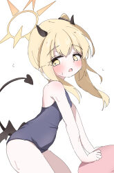 1girl absurdres alternate_costume asymmetrical_hair black_horns black_tail black_wings blonde_hair blue_archive blue_one-piece_swimsuit blush commentary_request demon_girl demon_horns demon_tail demon_wings halo highres horns ibuki_(blue_archive) natsukari_na one-piece_swimsuit open_mouth partial_commentary pointy_ears school_swimsuit side_ponytail simple_background solo swimsuit tail white_background wings yellow_eyes yellow_halo