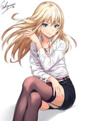 Rule 34 | 1girl, alternate costume, artist name, belt, bismarck (kancolle), black panties, black skirt, blonde hair, blouse, blue eyes, brown thighhighs, chain, collarbone, collared shirt, commentary request, cross, cross necklace, crossed legs, fingernails, floating hair, garter straps, hand in own hair, hand on own thigh, hand up, high belt, iron cross, jewelry, kantai collection, long hair, long sleeves, looking at viewer, miniskirt, nail polish, necklace, office lady, open clothes, open shirt, panties, pencil skirt, pink nails, sakiyamama, shadow, shirt, shirt tucked in, sidelocks, signature, simple background, sitting, skindentation, skirt, sleeve cuffs, smile, solo, sparkle, thighhighs, thighs, underwear, white background, white shirt
