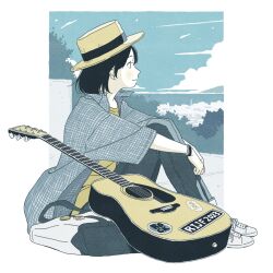 Rule 34 | 1girl, bag, black hair, border, bracelet, cityscape, cloud, cloudy sky, day, denim, from side, guitar, handbag, highres, hosoo, hugging own legs, instrument, jewelry, looking afar, on ground, original, outdoors, outside border, profile, shirt, shoes, short hair, sitting, sky, sneakers, solo, sticker, tree, white border, yellow shirt