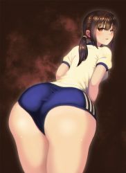 Rule 34 | 1girl, ass, brown eyes, brown hair, buruma, dominico, from behind, gym uniform, highres, looking at viewer, looking back, open mouth, original, solo, sweat, thighs, twintails