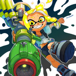 Rule 34 | 1girl, artist name, bike shorts, black shorts, blonde hair, braid, carrying, carrying under arm, clenched hand, collarbone, commentary request, eyebrow cut, fangs, full body, green eyes, grey footwear, grin, hair tie, hanako515 ika, highres, huge weapon, inkling, inkling girl, inkling player character, long hair, looking at viewer, midriff, navel, nintendo, outstretched arms, paint splatter, pointy ears, shirt, short sleeves, shorts, single braid, smile, solo, splatoon (series), splatoon 3, spread arms, tan, tentacle hair, torn clothes, torn shirt, trizooka (splatoon), two-tone eyes, v-shaped eyebrows, weapon, white shirt, yellow eyes