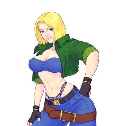 Rule 34 | 1girl, blonde hair, blue eyes, blue mary, breasts, cleavage, denim, fatal fury, hand on leg, hand on own hip, hand on own leg, hand on own thigh, hand on thigh, highres, jacket, jeans, large breasts, leaning forward, looking at viewer, navel, open clothes, open jacket, pants, short hair, smile, snk, strapless, the king of fighters, thong, toned, tube top