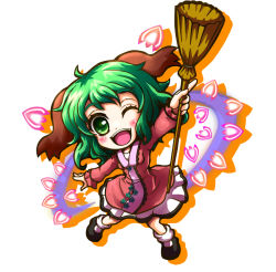 Rule 34 | 1girl, animal ears, arm up, bamboo broom, bobby socks, broom, buttons, chibi, danmaku, dress, female focus, flower, full body, green eyes, green hair, holding, kasodani kyouko, kiki fushigi, long sleeves, looking at viewer, mary janes, matching hair/eyes, one eye closed, open hand, open mouth, outstretched arm, pink dress, pointing, shadow, shoes, short hair, simple background, smile, socks, solo, teeth, tongue, touhou, white background, white socks, wink