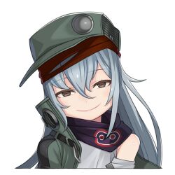 Rule 34 | 1girl, brown eyes, closed mouth, commentary, english commentary, g11 (girls&#039; frontline), girls&#039; frontline, green hat, green jacket, grey hair, grey shirt, hair between eyes, hat, jacket, long hair, looking at viewer, purple scarf, ran system, scarf, shirt, simple background, smile, solo, straight-on, upper body, white background