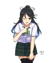 Rule 34 | 10s, 1girl, alternate costume, black hair, black thighhighs, blouse, blue eyes, breasts, casual, gradient hair, green skirt, hair ribbon, hayabusa, highres, kantai collection, katsuragi (kancolle), long hair, looking at viewer, multicolored hair, plaid, plaid skirt, pleated skirt, ponytail, ribbon, shirt, skirt, small breasts, solo, sweat, thighhighs, unbuttoning, white shirt