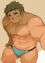 Rule 34 | 1boy, :/, abs, bara, blush, briefs, bulge, dark-skinned male, dark skin, erection, erection under clothes, facial hair, feet out of frame, forked eyebrows, goatee stubble, green male underwear, highres, kuro nezumi inu, large pectorals, long sideburns, male focus, male underwear, male underwear pull, mature male, muscular, muscular male, nervous sweating, nipples, original, pectorals, pulled by self, short hair, sideburns, sideburns stubble, solo, stomach, stubble, sweat, thick eyebrows, thick thighs, thighs, topless male, underwear
