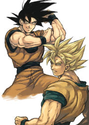 Rule 34 | 1boy, bad id, bad pixiv id, black hair, blonde hair, clone, cowboy shot, dragon ball, dragonball z, expressionless, facing away, fighting stance, green eyes, hand on own arm, looking at viewer, male focus, multiple views, nitako, serious, short hair, simple background, smile, son goku, spiked hair, spread legs, super saiyan, upper body, white background, wristband