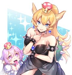 Rule 34 | 2girls, arm rest, bad id, bad pixiv id, bare shoulders, black leotard, black nails, blue eyes, bowsette, bracelet, breasts, brooch, cleavage, collar, earrings, fingernails, grey skirt, hand on own elbow, horns, jewelry, leotard, long hair, long skirt, luigi&#039;s mansion, mario (series), medium breasts, multiple girls, nail polish, new super mario bros. u deluxe, nintendo, open clothes, open skirt, pendant, ponytail, popupi, princess king boo, puffy short sleeves, puffy sleeves, purple eyes, purple hair, sharp fingernails, short sleeves, skirt, smile, sparkle background, spiked bracelet, spiked collar, spiked shell, spikes, strapless, strapless leotard, super crown, tongue, tongue out, very long hair