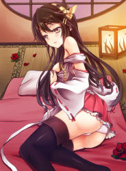 Rule 34 | 10s, 1girl, absurdres, ass, bare shoulders, black footwear, black hair, black thighhighs, blush, boots, breasts, brown hair, detached sleeves, flower, guhua67, hair ornament, hairband, hairclip, haruna (kancolle), highres, japanese clothes, kantai collection, lamp, long hair, nontraditional miko, panties, ribbon-trimmed sleeves, ribbon trim, skirt, solo, tatami, thigh boots, thighhighs, underwear, white panties