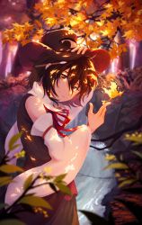 Rule 34 | 1other, androgynous, autumn, autumn leaves, black hair, blouse, bow, bowtie, dappled sunlight, detached sleeves, enraku tsubakura, falling leaves, hat, highres, holding, holding leaf, large hat, leaf, len&#039;en, object behind ear, outdoors, red bow, red neckwear, shirt, short hair, sunlight, top hat, tree, white shirt
