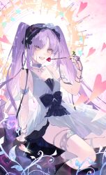 Rule 34 | 1girl, absurdres, armlet, bare arms, bare shoulders, bow, breasts, bridal gauntlets, candy, collarbone, dress, euryale (fate), fate (series), food, foot out of frame, grey eyes, halo, halo behind head, heart, heart-shaped lollipop, highres, holding, holding candy, holding food, holding lollipop, jewelry, lollipop, long hair, looking at viewer, maid headdress, necklace, open mouth, purple hair, shaped lollipop, silver choker, silver necklace, sleeveless, sleeveless dress, small breasts, smile, solo, thigh strap, thighs, twintails, waist bow, water, white dress, youling keke