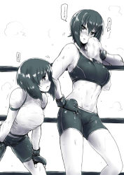 Rule 34 | 10s, 2girls, abs, bare shoulders, bike shorts, blush, breasts, girls und panzer, gloves, greyscale, hand on own hip, hands on own knees, hands on own thighs, leaning forward, looking at another, looking at viewer, midriff, monochrome, multiple girls, navel, nishizumi maho, nishizumi miho, short hair, siblings, sisters, sports bra, standing, sweat, tobisawa, towel