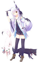 Rule 34 | 1girl, animal ears, belt, black thighhighs, brown eyes, chestnut mouth, detached sleeves, fingerless gloves, fox, fox ears, fox tail, gloves, hand on own head, long hair, looking at viewer, md5 mismatch, nagishiro mito, necktie, one eye closed, open mouth, original, purple hair, shorts, simple background, solo, tail, thighhighs, white background, white hair