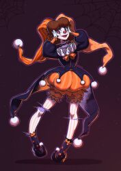 Rule 34 | 1girl, black footwear, brown hair, dismemberment, full body, gloves, hands on own head, harlequin, hat, highres, jester, jester cap, looking at viewer, makeup, mario (series), naughty face, nintendo, open mouth, orange eyes, orange footwear, orange hat, orange shorts, pom pom (clothes), princess daisy, red nose, saiwo (saiwoproject), shorts, silk, solo, spider web, teeth, upper teeth only, white gloves