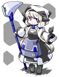 Rule 34 | 1girl, animal ears, animal print, bag, blonde hair, blush, boots, cow ears, cow print, cow tail, dress, exice-zero, gloves, kugelschreiber, long hair, looking at viewer, original, outstretched arms, pouch, red eyes, smile, solo, spread arms, tail, weapon