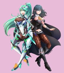 Rule 34 | 2girls, absurdres, blue eyes, blue hair, breasts, byleth (female) (fire emblem), byleth (fire emblem), cape, chest jewel, crossover, earrings, female focus, fire emblem, fire emblem: three houses, gloves, green eyes, green hair, high heels, highres, jarckius, jewelry, lace, lace-trimmed legwear, lace trim, large breasts, long hair, matching hair/eyes, medium hair, multiple girls, navel, nintendo, pantyhose, pantyhose under shorts, pneuma (xenoblade), ponytail, print pantyhose, shorts, simple background, spoilers, swept bangs, tiara, very long hair, xenoblade chronicles (series), xenoblade chronicles 2
