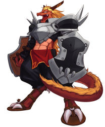 Rule 34 | 1boy, abs, armor, atelier (series), atelier iris, atelier iris eternal mana 2, blonde hair, dragon horns, dragon tail, furry, furry male, gray (atelier iris 2), horns, long hair, male focus, official art, open mouth, orange eyes, ouse kohime, sandals, shield, simple background, solo, tail, tongue, white background