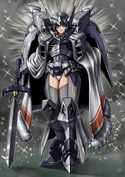 Rule 34 | 1girl, absurdres, black hair, boots, cape, cgue, grey background, grey eyes, grey panties, gundam, gundam seed, hand on own hip, head tilt, highres, holding, holding sword, holding weapon, looking at viewer, mecha musume, mechanical wings, armored boots, panties, personification, smile, solo, sword, thigh boots, thighhighs, underwear, weapon, wings, yatta070622