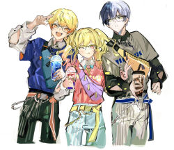 Rule 34 | 1girl, 2boys, aoyagi touya, bespectacled, black pants, blonde hair, blue hair, blue pants, brother and sister, closed mouth, cup, fanny pack, glasses, hipster walk (project sekai), holding, holding cup, long hair, long sleeves, looking at viewer, multicolored hair, multiple boys, pants, pink eyes, pink sweater, project sekai, puffy long sleeves, puffy sleeves, pyongtaro, shirt, siblings, smile, split-color hair, sweater, tenma saki, tenma tsukasa, twintails, white pants, white shirt, yellow eyes