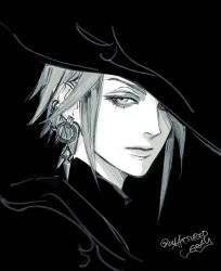 Rule 34 | 1girl, androgynous, artist name, black background, blending, ear piercing, earrings, expressionless, final fantasy, final fantasy xiv, from side, greyscale, hat, hat over one eye, jewelry, looking at viewer, monochrome, one eye covered, oyatsuredgray, piercing, portrait, reverse trap, short hair, signature, simple background, solo, twitter username, zero (ff14)